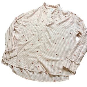 Time Tru Size M Stripped Ruffle Hem Flowy Button Down with‎ Embroidered Hearts